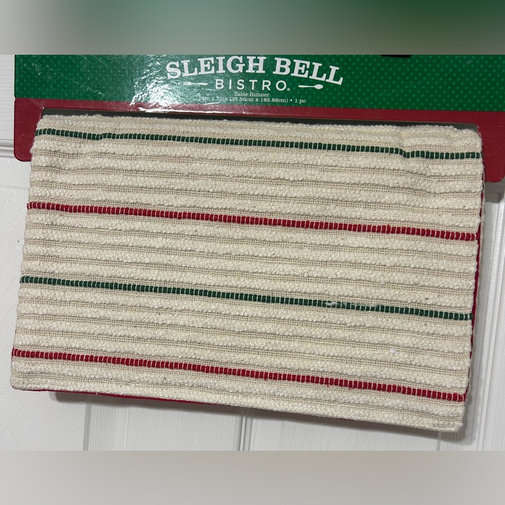Sleigh Bell Bistro Christmas Table Runner Cream Red Green Stripe Farmhouse NEW